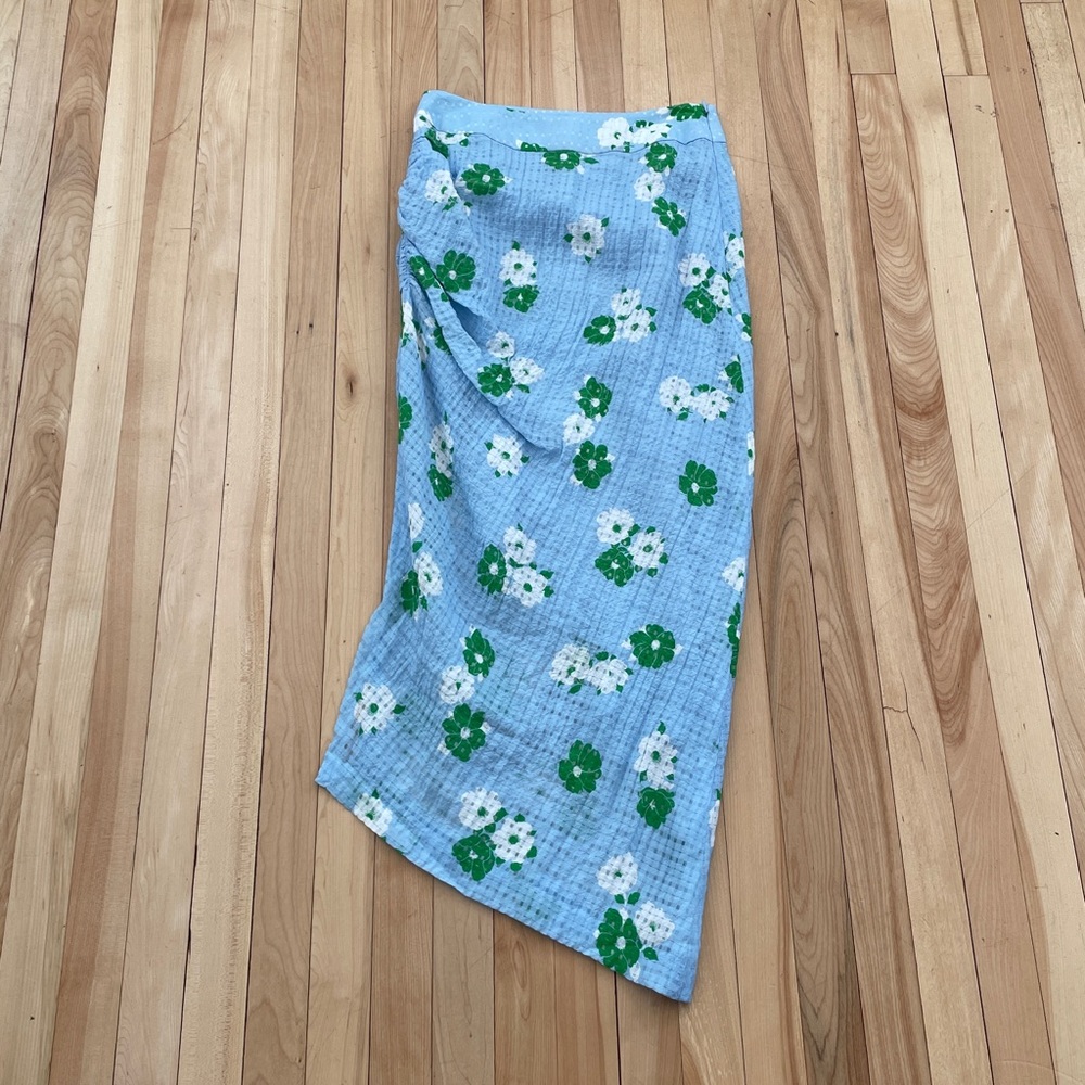 Smythe Mid-Rise Fitted Asymmetrical Ruched Flower Print Midi Skirt - Sz 0 (25) - Picture 3 of 15